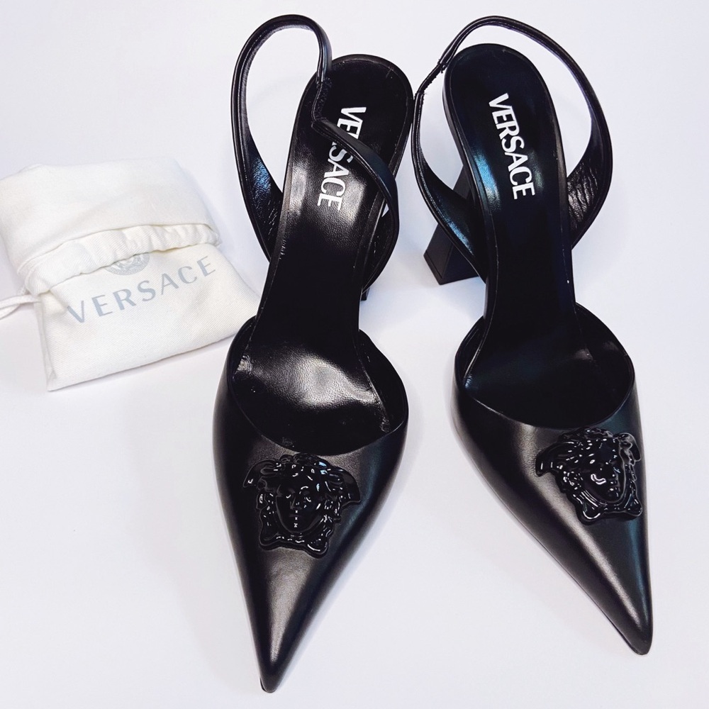Versace Black Slingback Pointed Toe Heels with Medusa Chain - Picture 7 of 17